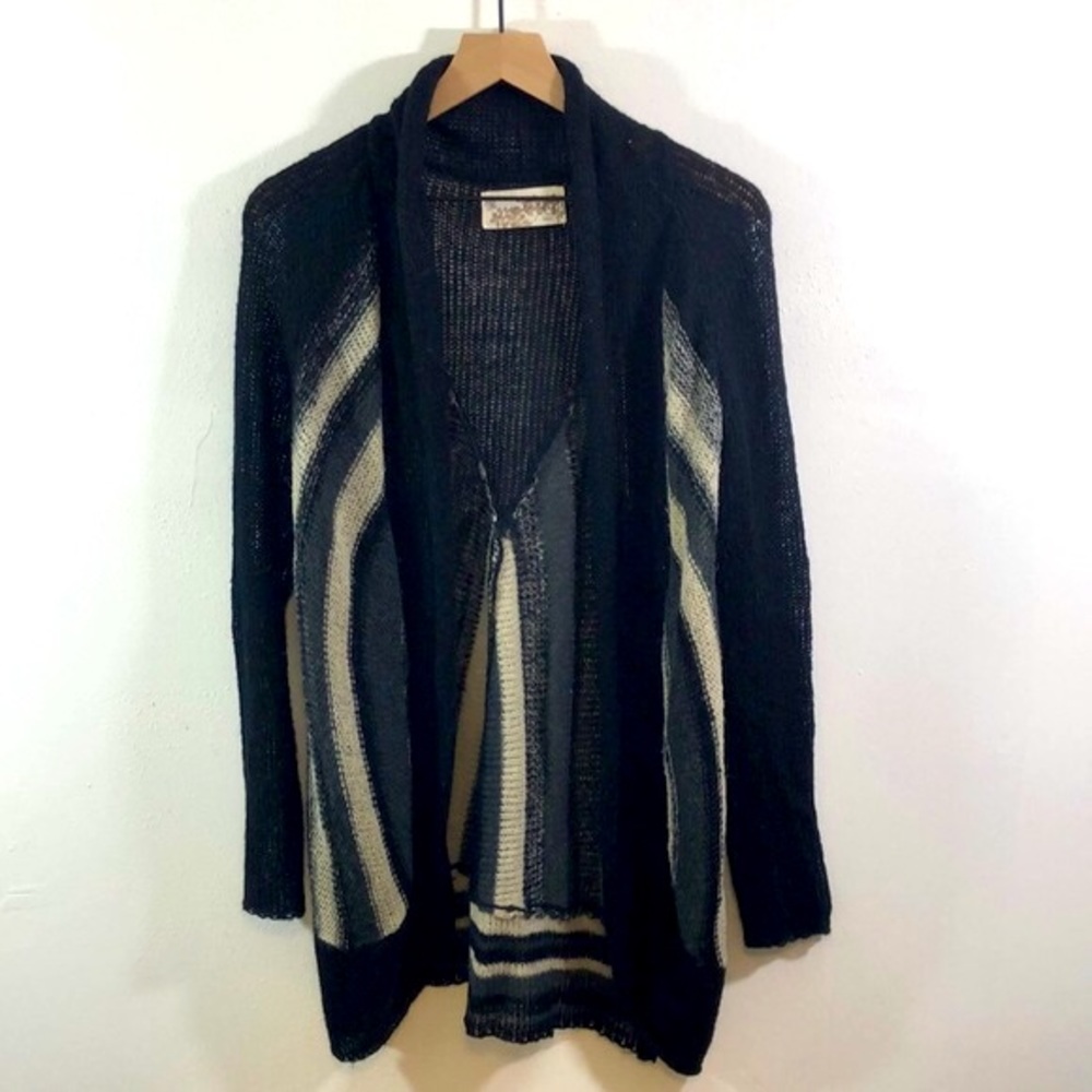 Adventura Open Drape Cardigan Sweater Black Gray & Cream Medium